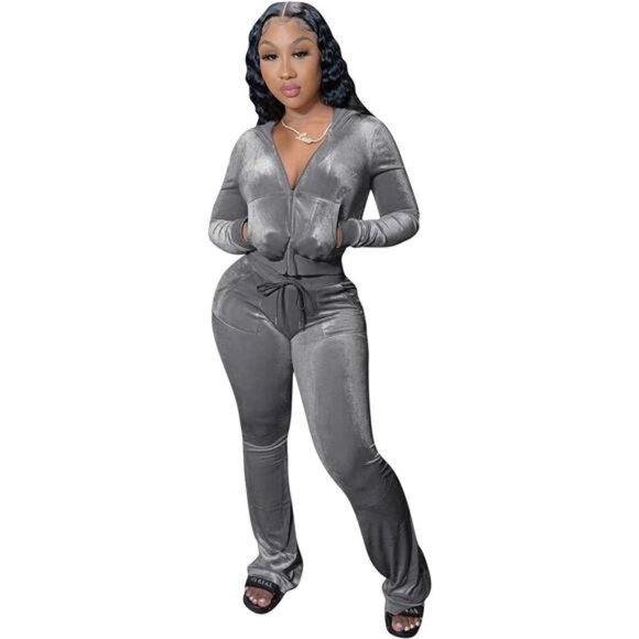 Womens 2 Piece Velour Tracksuit Two Piece Outfits for Women Long Sleeve Zip Up - Picture 7 of 7